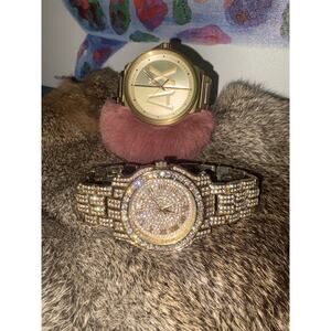 Lot of 2 Gold Men’s Watches: Armani Exchange + Iced Out Bling - Needs Battery